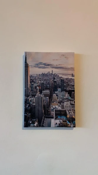 Gökdelen Ve Şehir Manzaralı Natürel Tasarım Ahşap Çerçeve Ev İşyeri Kanvas Tablo SHR11 - 5