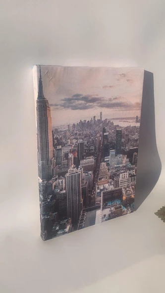 Gökdelen Ve Şehir Manzaralı Natürel Tasarım Ahşap Çerçeve Ev İşyeri Kanvas Tablo SHR11 - 2