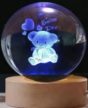 Dekoratif Ayıcık Tasarımlı Ahşap Altlıklı Işıklı Cam Küre Büyük Boy Cam:8cm Ahşap:2cm