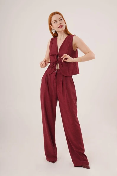 Ön Bağlama Detaylı Yelek Ve Pantolon Bordo İkili Takım - 4