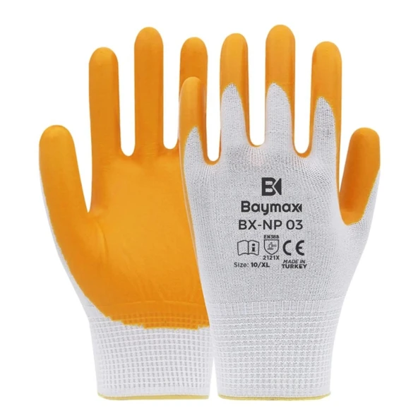 BAYMAX NAYLON NİTRİL ELDİVEN BX-NP03 SARI-BEYAZ NO:10/XL - 12 ÇİFT - 1