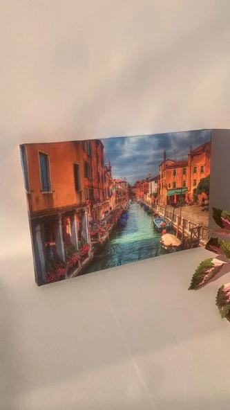 Venedik Manzaralı Natürel Tasarım Ahşap Çerçeve Ev İşyeri Duvar Kanvas Tablo - Resim 4