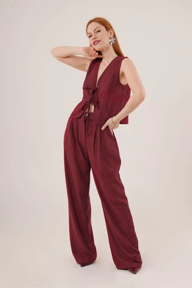Ön Bağlama Detaylı Yelek Ve Pantolon Bordo İkili Takım - 1