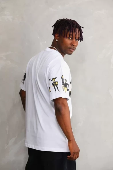 Unisex Bisiklet Yaka Baskılı Oversize T-Shirt - Beyaz - Resim 3