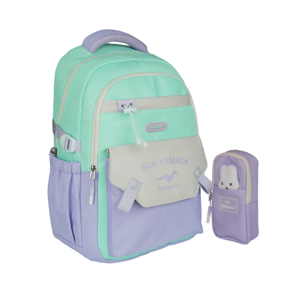 Relaxion Yeni Sezon Kalemlikli Yeşil-Mor Premium Klinkır Okul Sırt Çantası (1513) ürün görseli