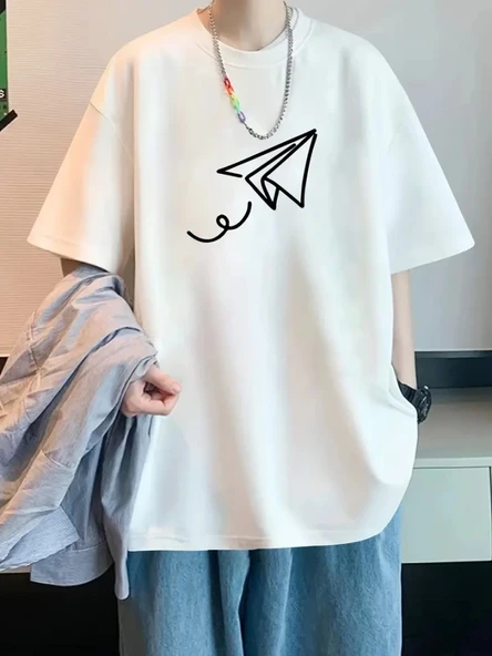 Baskılı Oversize Bisiklet Yaka T-shirt - Beyaz ürün görseli