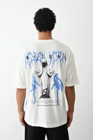 Unisex Baskılı Oversize T-Shirt - Beyaz ürün görseli