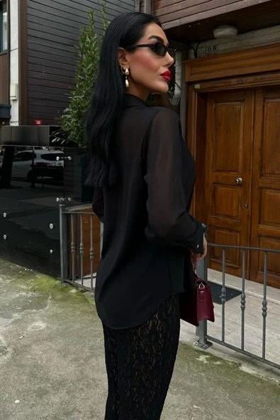 Transparan Detaylı Dökümlü Gömlek 3427 - Resim 6