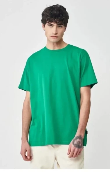Unisex Düz Biskilet Yaka Oversize T-shirt - Yeşil ürün görseli