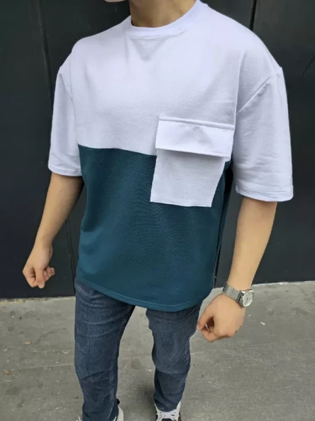 Unisex Torba Cep Detaylı Parçalı T-Shirt - Lacivert ürün görseli