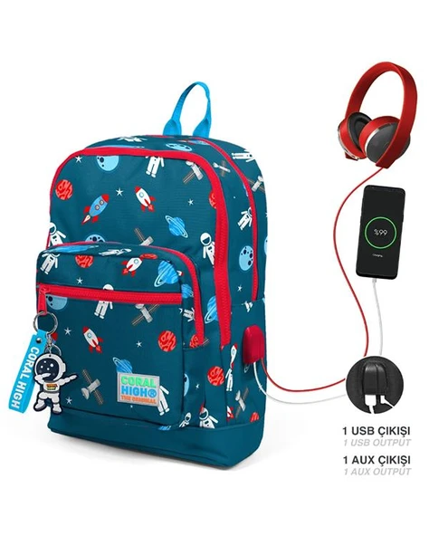 Coral High Kids Çivit Kırmızı Uzay Desenli Dört Bölmeli USB'li Okul Sırt Çantası 23290 - Resim 5
