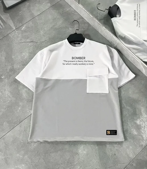 Unisex Torba Cep Detaylı  Parçalı T-Shirt - Gri ürün görseli