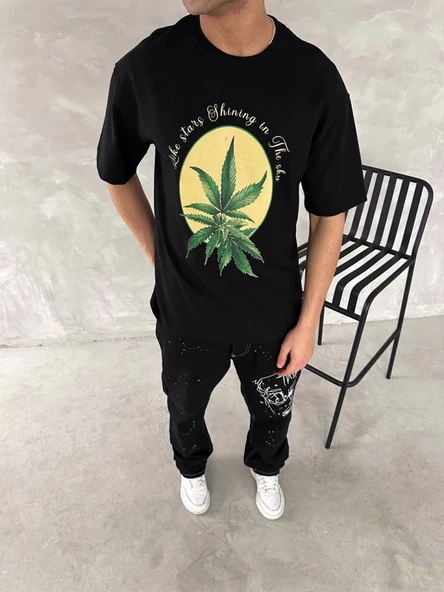 Ön Ve Arka Baskılı Oversize Bisiklet Yaka T-shirt- Siyah - Resim 3