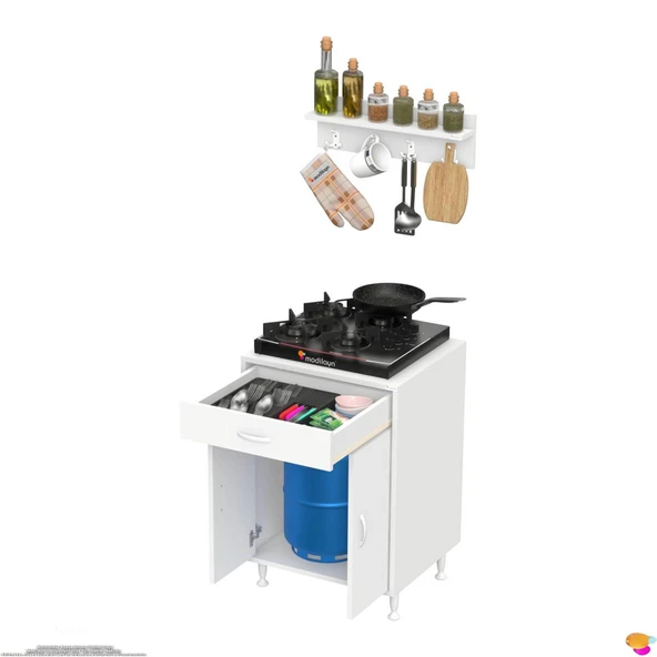 Modilayn DOQU (M) Set Ocak Altı Dolap 60x88x48 cm, Çekmeceli,Kapaklı, Tüp Bölmeli Ve Baharat Raflı - 7