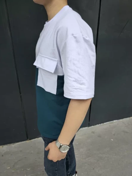 Unisex Torba Cep Detaylı Parçalı T-Shirt - Lacivert - Resim 2