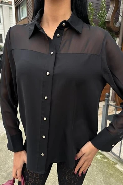 Transparan Detaylı Dökümlü Gömlek 3427 - Resim 8