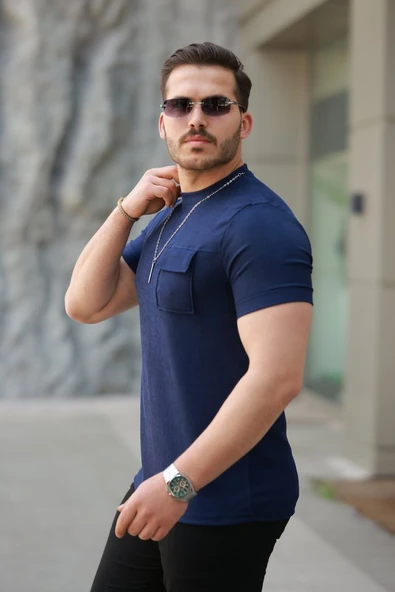 Erkek Cepli Kolyeli Kısa Kollu örme Kumaş Tişört - Resim 2