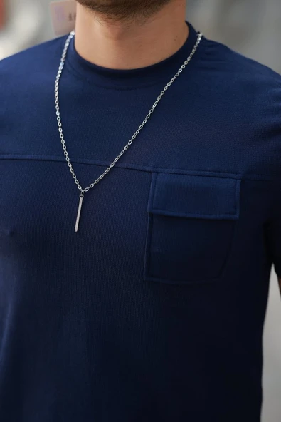 Erkek Cepli Kolyeli Kısa Kollu örme Kumaş Tişört - Resim 3