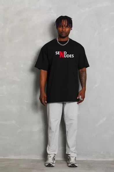 Unisex Bisiklet Yaka Double Oversize Baskılı T-Shirt - Siyah - Resim 2