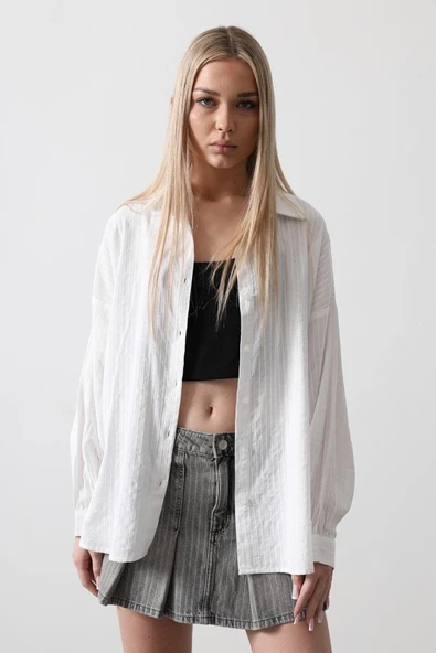 Çizgili Uzun Kol Gömlek - Beyaz - Resim 3