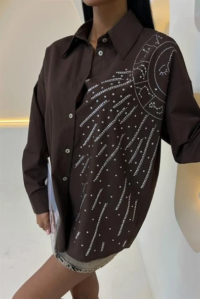 Ay Figürlü Taş İşlemeli Poplin Gömlek 3440 - Resim 6