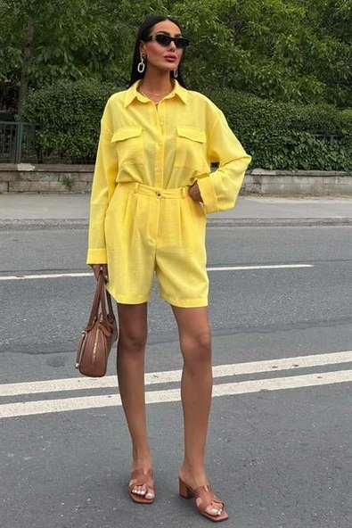 Gömlek Ve Şort Flamlı Keten Takım 10130 - Resim 6