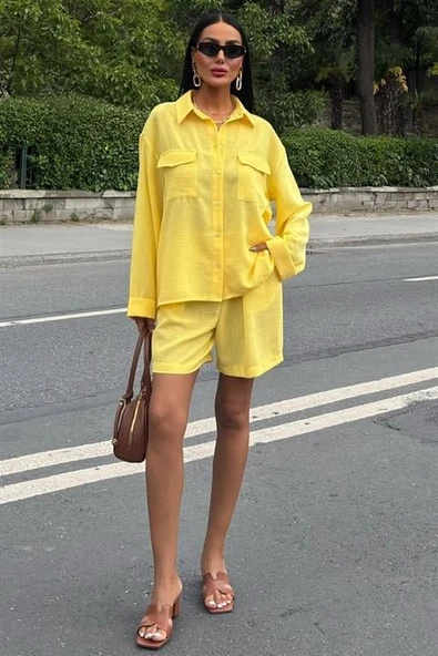 Gömlek Ve Şort Flamlı Keten Takım 10130 - Resim 7