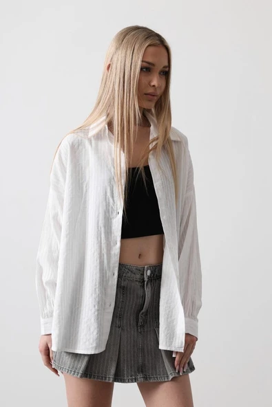 Çizgili Uzun Kol Gömlek - Beyaz - Resim 2