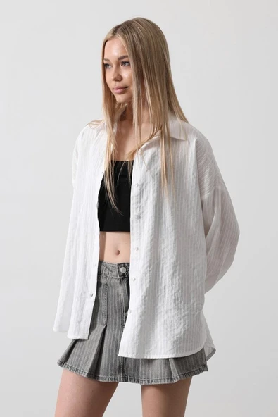 Çizgili Uzun Kol Gömlek - Beyaz ürün görseli