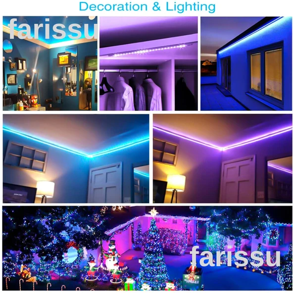 5 Metre 12 Renkli LED Şerit Işık | Esnek Dekoratif Aydınlatma | Uzaktan Kumandalı | Enerji Tasarruflu - 6