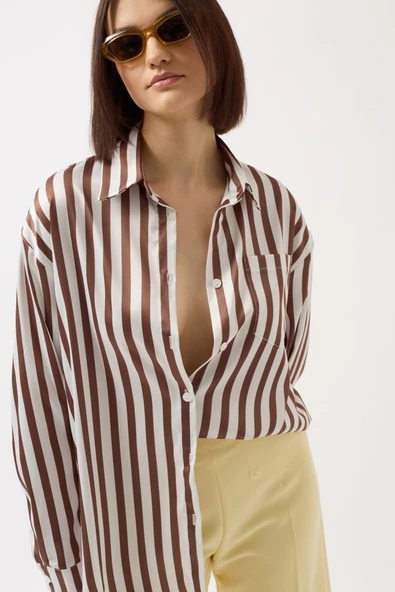 Çizgili Saten Gömlek - Resim 4
