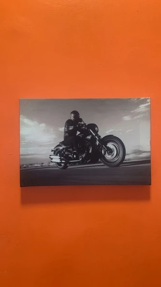 Motosiklet Süren Adam Görseli Natürel Tasarım Ahşap Çerçeve Ev İşyeri Duvar Kanvas Tablo MTR1 - Resim 7