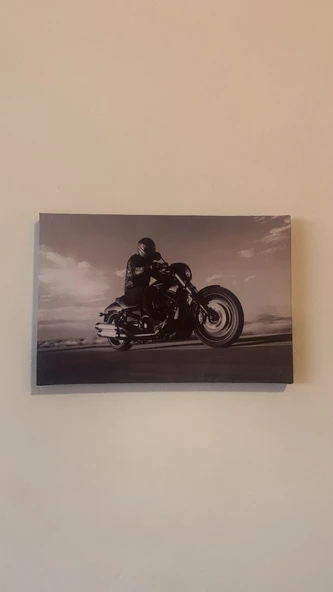 Motosiklet Süren Adam Görseli Natürel Tasarım Ahşap Çerçeve Ev İşyeri Duvar Kanvas Tablo MTR1 - Resim 5