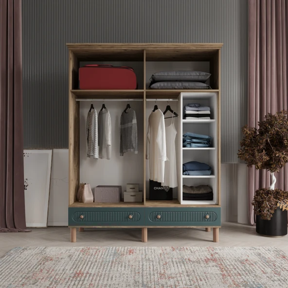 Comiet Soho 4 Kapaklı Çekmeceli MDF Yeşil Gardırop - 1