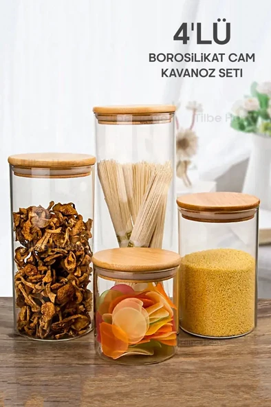 Tilbe Home 4 Adet Vakumlu Bambu Kapaklı Cam Kavanoz Borosilikat Cam Vakumlu Baharatlık Saklama Kabı Organizer ürün görseli