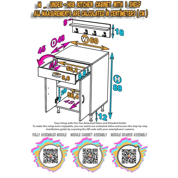 Modilayn QPLAS (M) Set Ocak Altı Dolap 60x88x48 cm. Çekmeceli, kapaklı, raflı ve baharat raflı. - 6