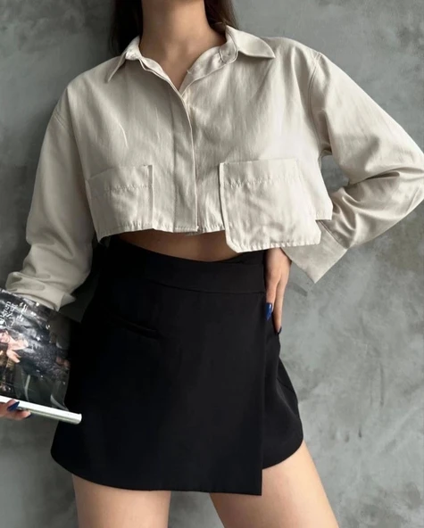 Poplin crop gömlek bej s3060 - Resim 3