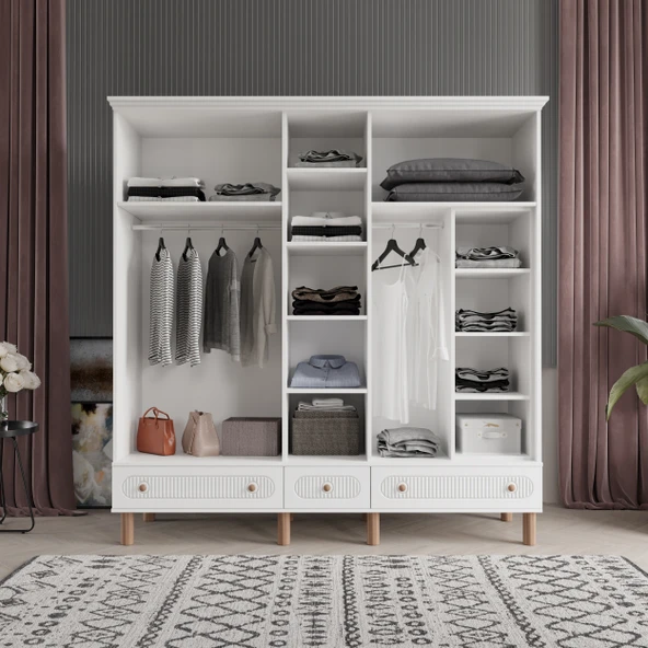 Comiet Soho 5 Kapaklı Aynalı Çekmeceli MDF Beyaz Gardırop - 3
