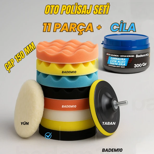 Pasta Cila Polisaj Süngeri Seti + 300 Gr Cila 150 mm Matkap Uyumlu Oto Seramik Wax Parlatma Pedi