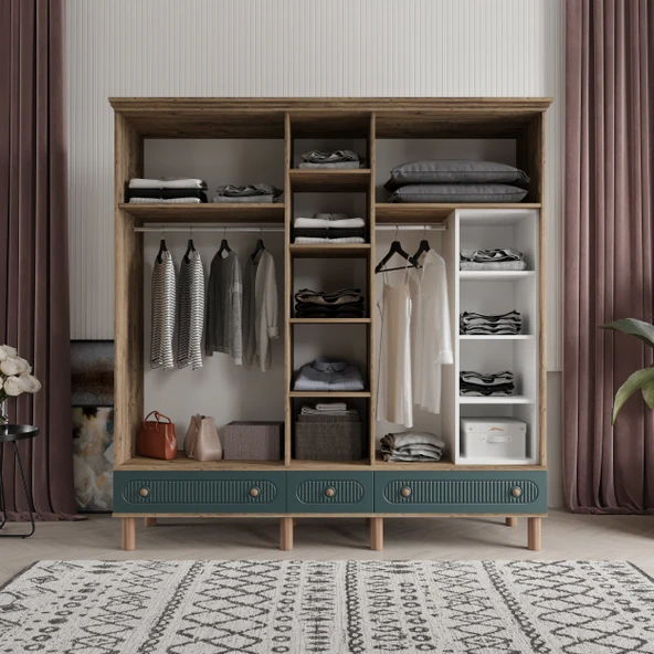 Comiet Soho 5 Kapaklı Aynalı Çekmeceli MDF Yeşil Gardırop - 3