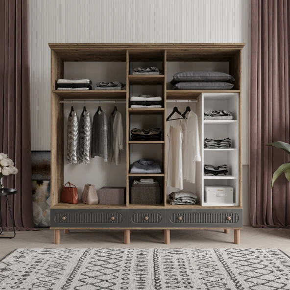 Comiet Soho 5 Kapaklı Aynalı Çekmeceli MDF Antrasit Gardırop - 3