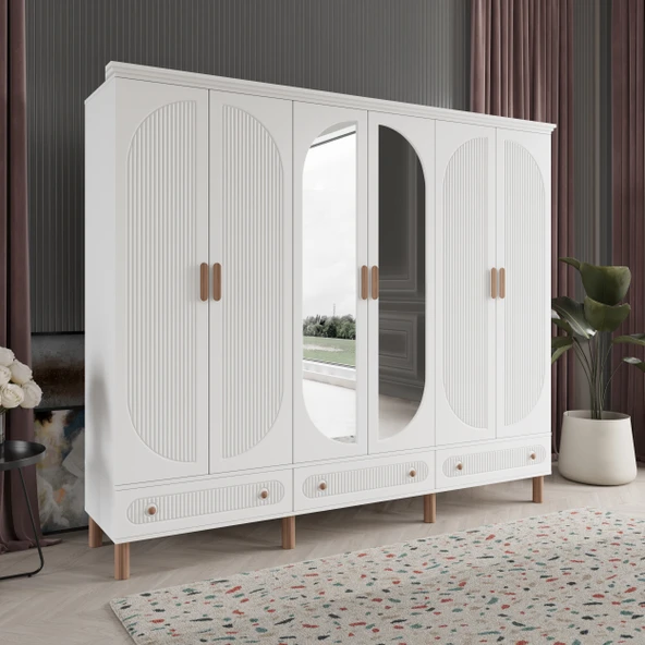 Comie Soho 6 Kapaklı Aynalı Çekmeceli MDF Beyaz Gardırop - 2