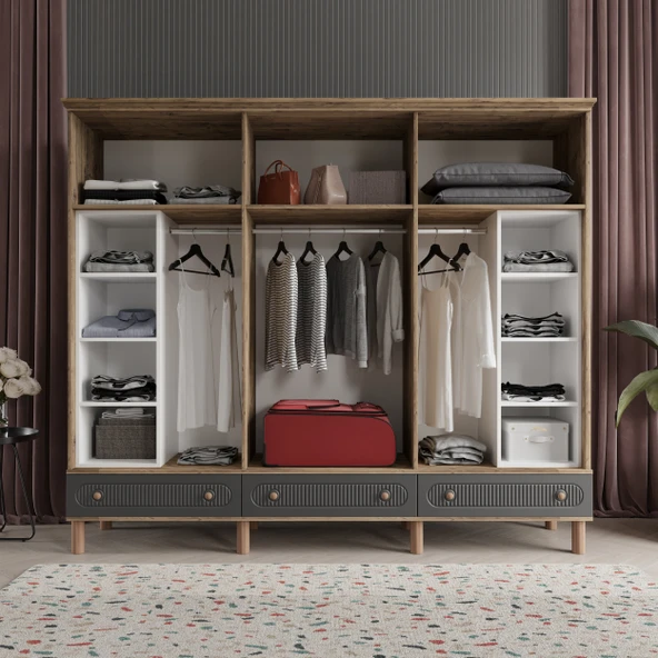 Comiet Soho 6 Kapaklı Aynalı Çekmeceli MDF Antrasit  Gardırop - 3