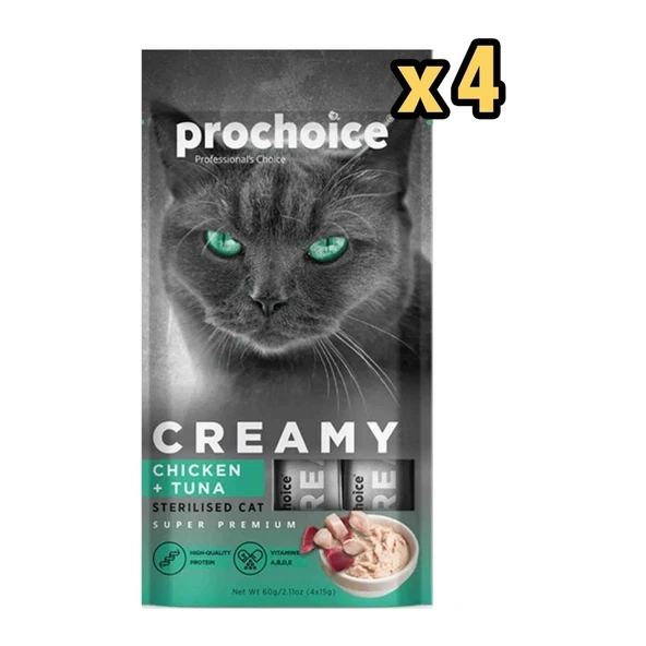 Pro Choice Creamy Tavuklu Ton Balıklı Likit Ödül 4X15 gr x 4 Adet