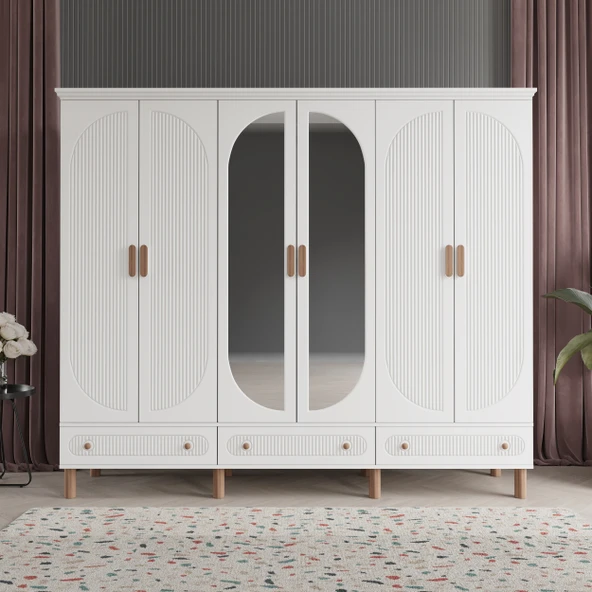 Comie Soho 6 Kapaklı Aynalı Çekmeceli MDF Beyaz Gardırop - 1