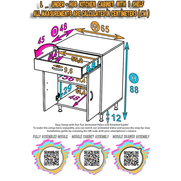 Modilayn QPLAS (M) Set Ocak Altı Dolap 65x88x48 cm Çekmeceli, Kapaklı 2 Göz Raf Bölmeli - 6