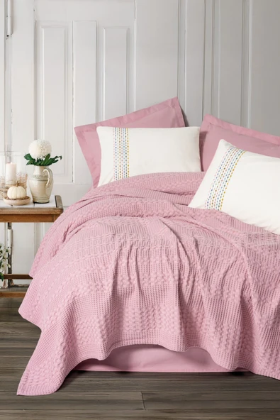 Cotton Box Aura Çift Kişilik Pike Takımı Pebble Pembe Fitted - Resim 2