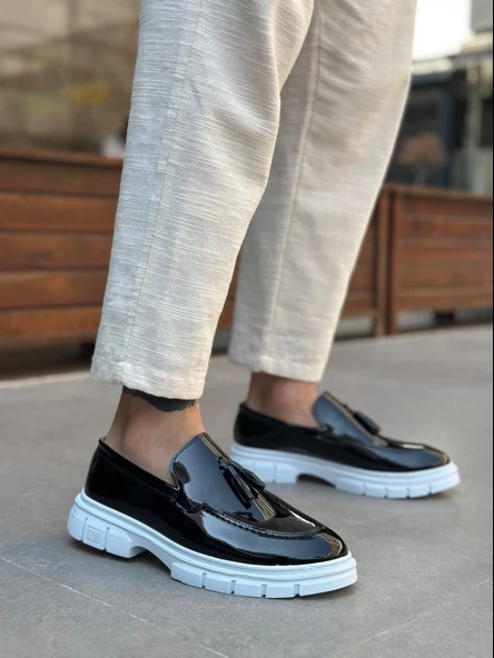 ET0240 Yüksek Taban Klasik Parlak Püsküllü Rugan Siyah Erkek Ayakkabı - Resim 3