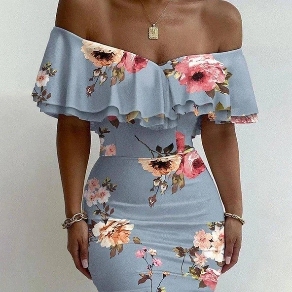 Kadın Madonna Yaka çiçek Baskılı Volan Detay Kalem Elbise ürün görseli