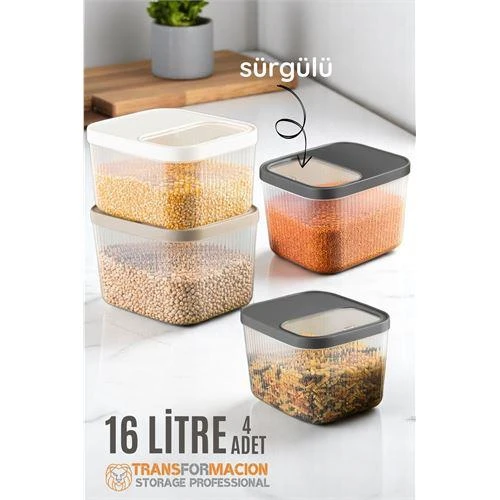 Modacar Erzak Bakliyat Kutusu Sürgülü Kapak Saklama Kabı 16 Litre 4 ADET